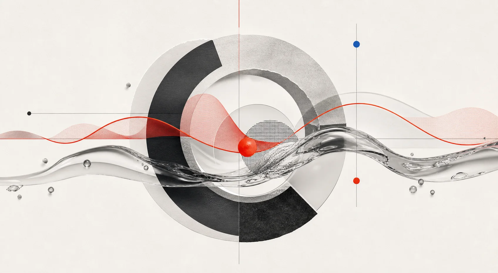 Abstract composition of a cycle, a signal wave, and a flowing current intersecting