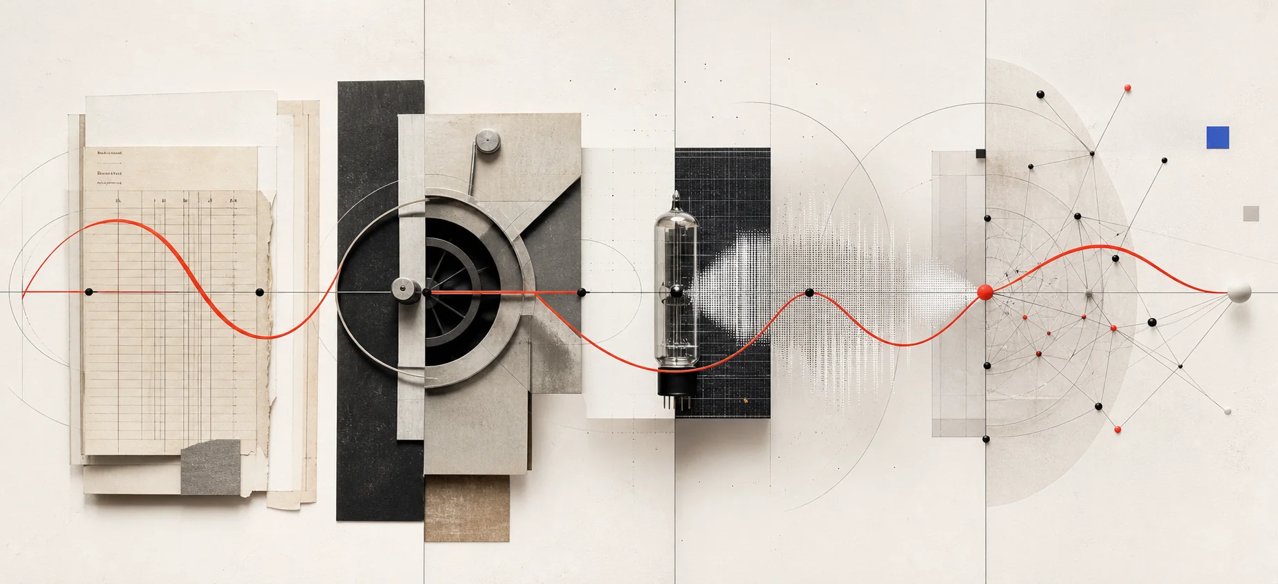 A continuous red cycle moving through paper records, industrial machinery, electronic signals, and digital networks
